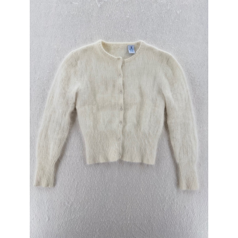 VTG - Angora Blend Fuzzy Ribbed Cardigan - Cream - M - Womens